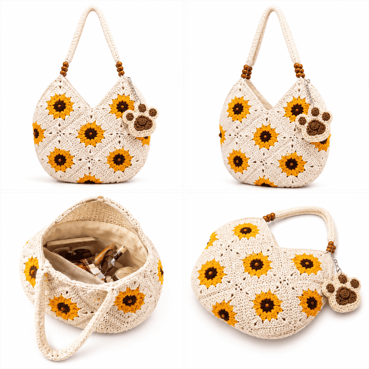 Häkeltasche Sonnenblume Granny Square | Woll-Schulter- und Umhängetasche Damen