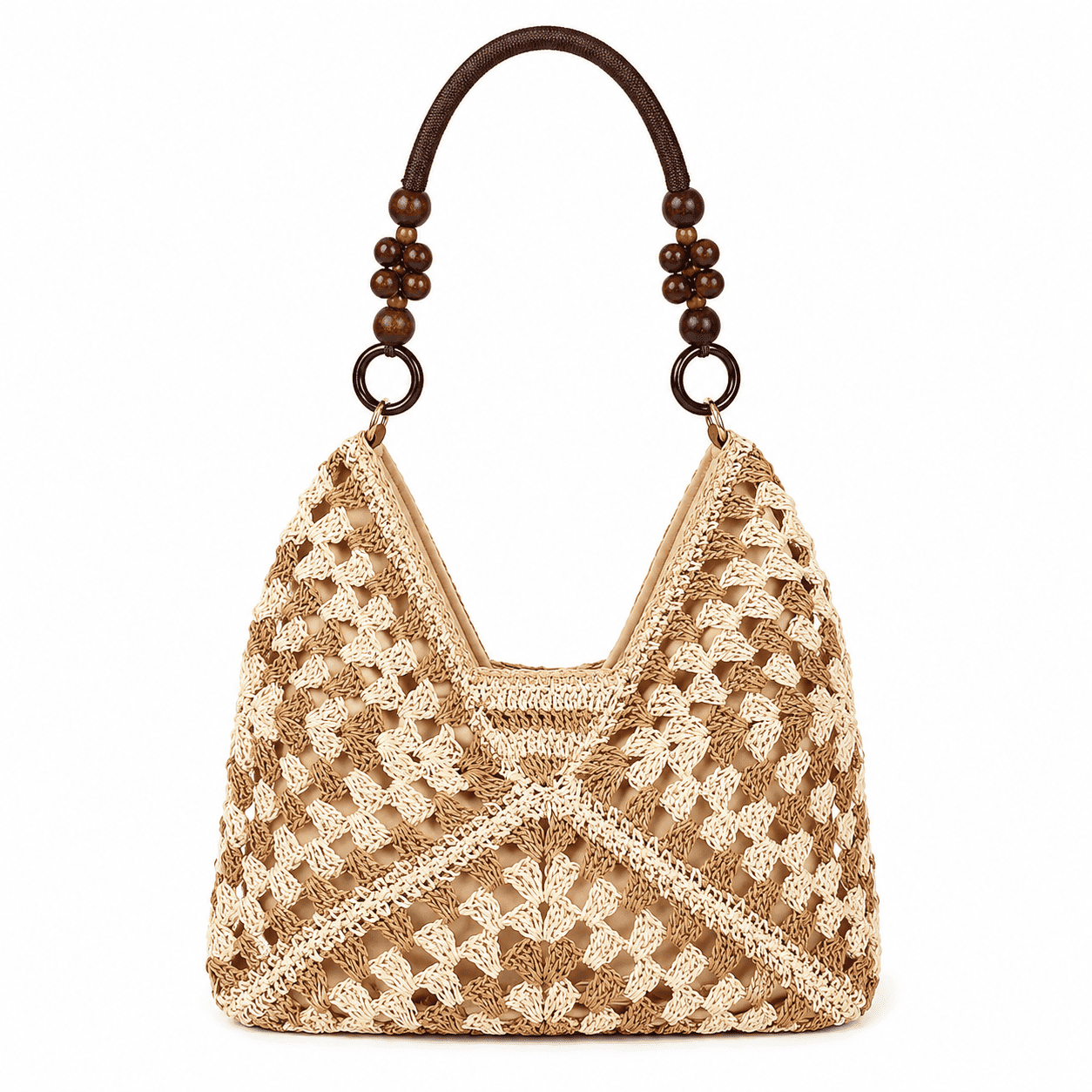 Häkeltasche Granny Square mit Holzperlenhenkel | Schultertasche Damen