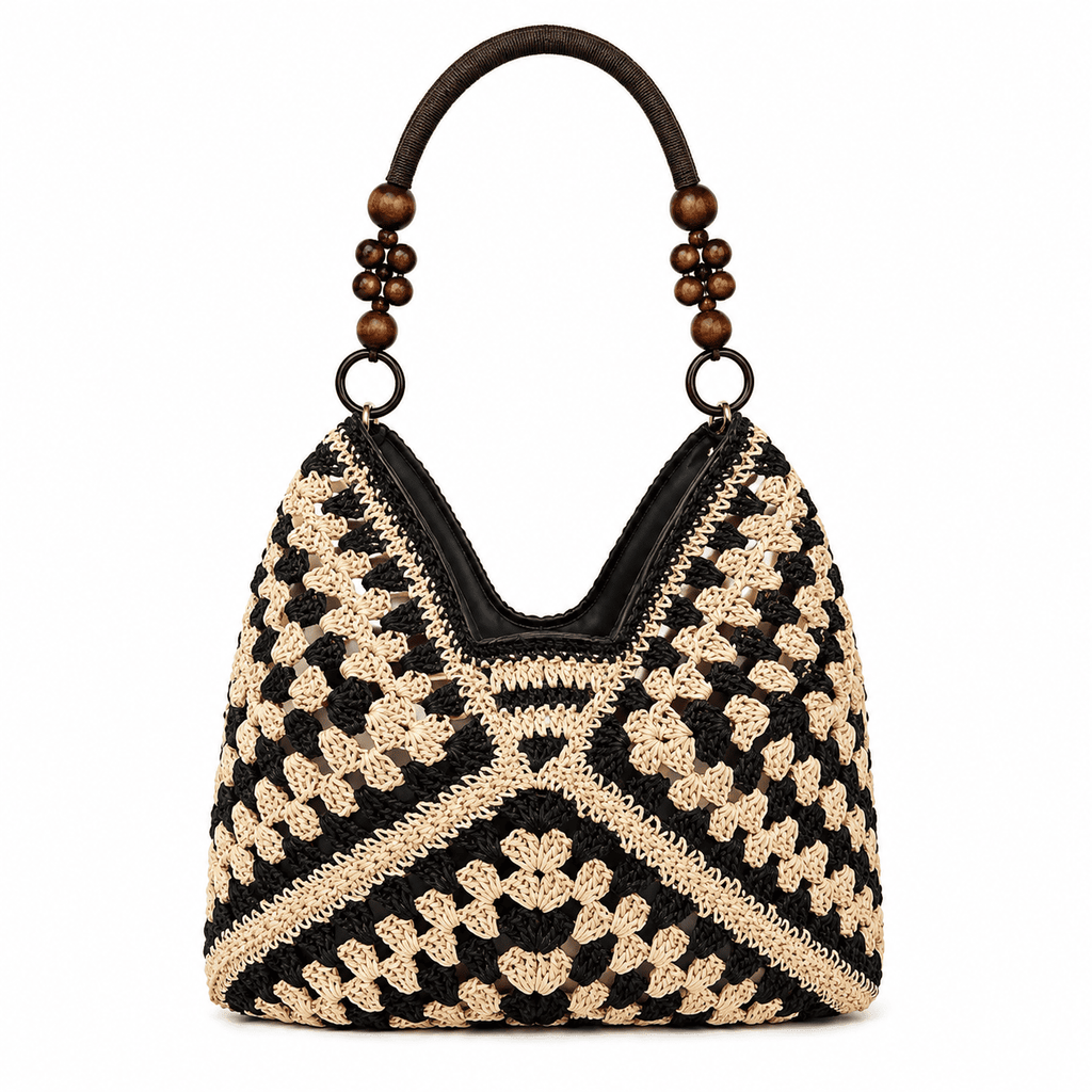 Häkeltasche Granny Square mit Holzperlenhenkel | Schultertasche Damen