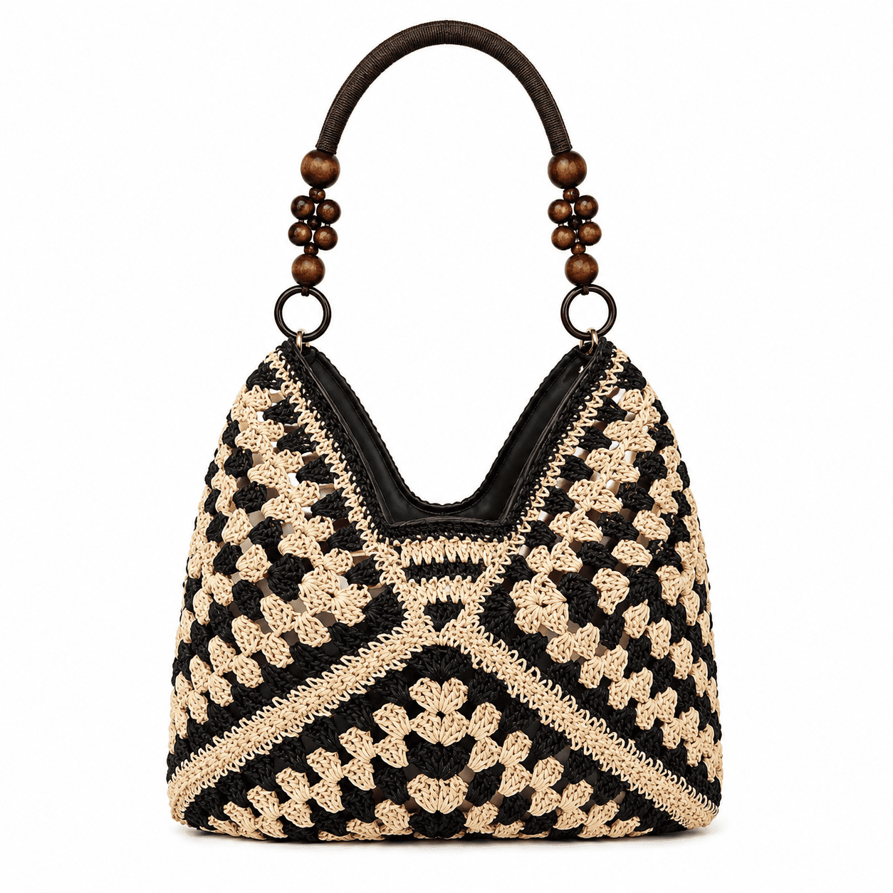 Häkeltasche Granny Square mit Holzperlenhenkel | Schultertasche Damen