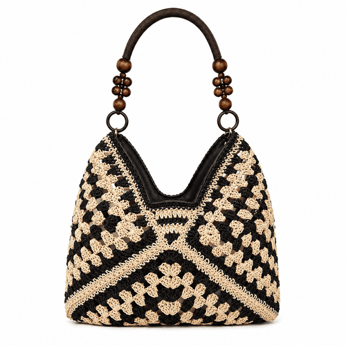 Häkeltasche Granny Square mit Holzperlenhenkel | Schultertasche Damen