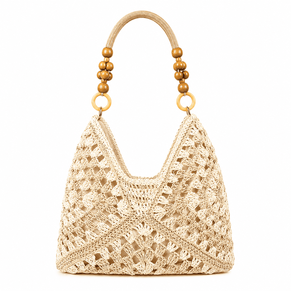 Häkeltasche Granny Square mit Holzperlenhenkel | Schultertasche Damen