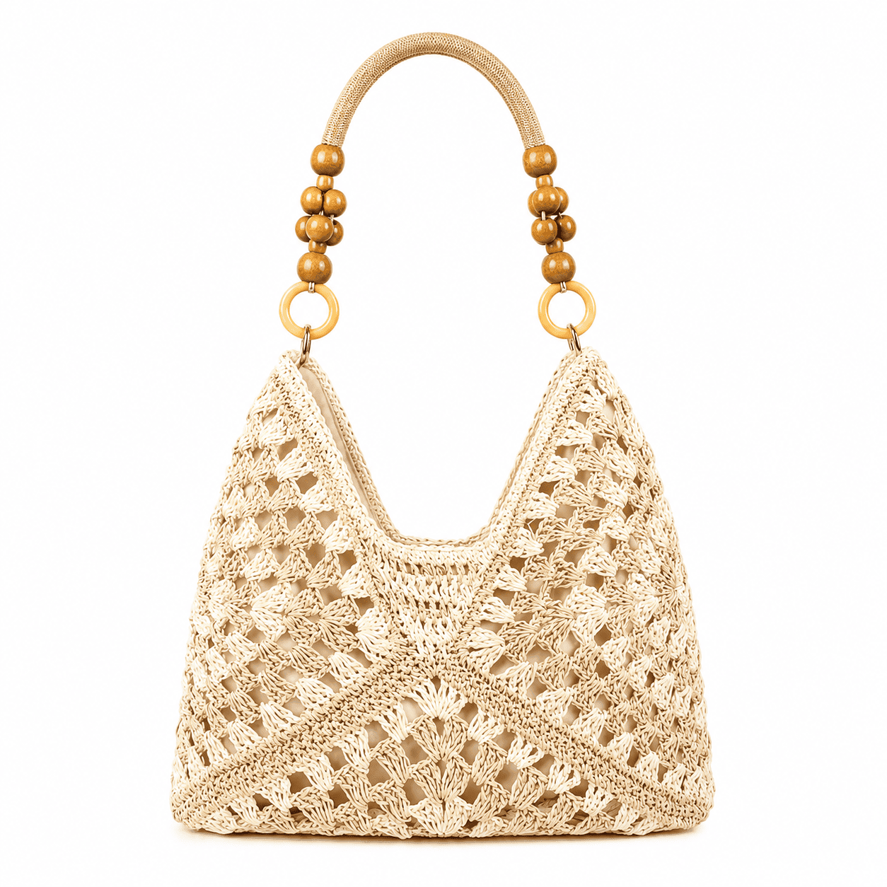 Häkeltasche Granny Square mit Holzperlenhenkel | Schultertasche Damen