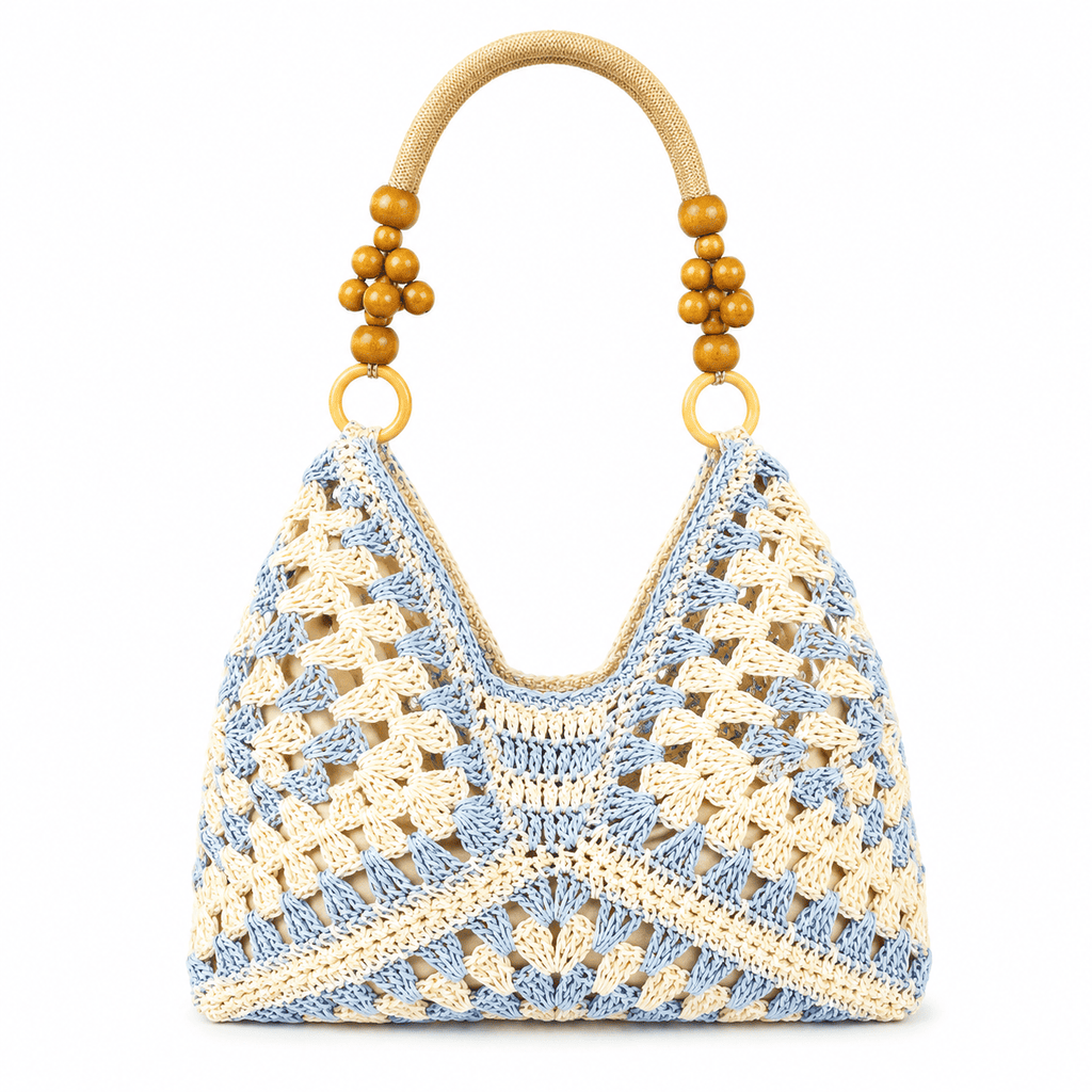 Häkeltasche Granny Square mit Holzperlenhenkel | Schultertasche Damen