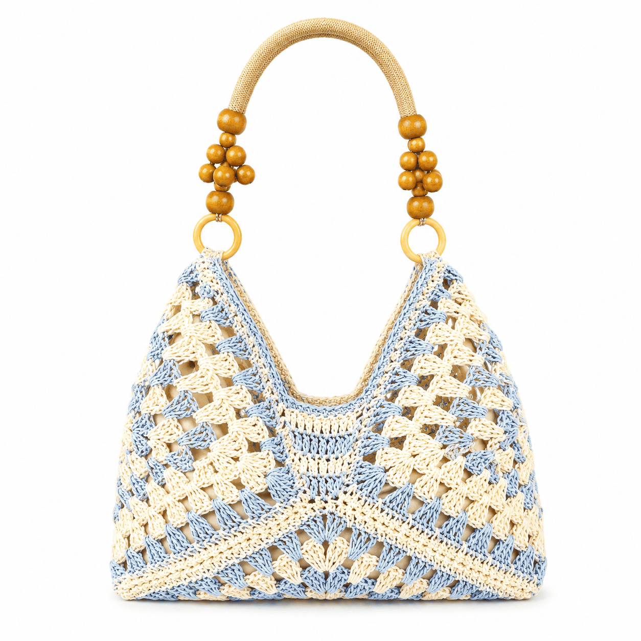 Häkeltasche Granny Square mit Holzperlenhenkel | Schultertasche Damen